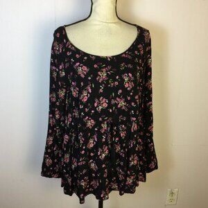 Torrid Blouse Top 2X Woman Plus Black Purple Floral Boho Drawstring Waist Rayon